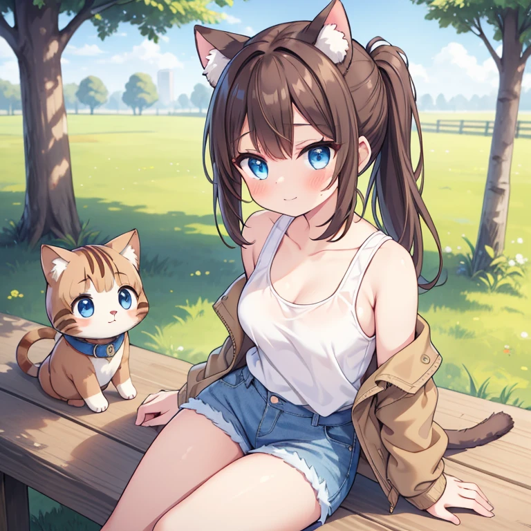 Masterpiece, best quality, high quality, 1girl, Solo, has Brown Ponytail hair, has Blue eyes, has Brown cat ears, has 1Brown cat tail, wears White tank top with farmer jacket, wears short farmer jeans, happy, Blushed face, sitting in the fench, in the Park, sunny day