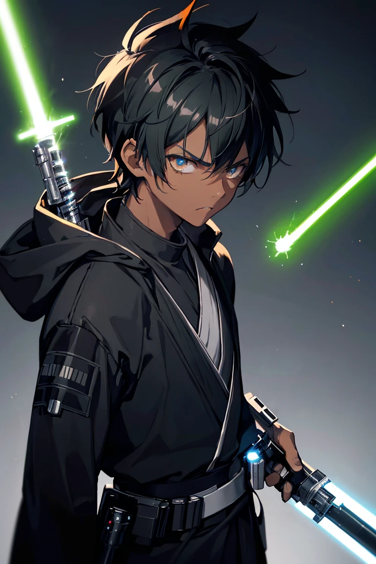 jedi boy, 1boy, black jedi robes, orange lightsaber blade, short spiky hair, rat tail hairstyle, brown skin, black hair, green eye color, ((detailed lightsaber hilt)), ((super detailed lightsaber)), ((HD lightsaber)), ahohge, serious expression, sad face, dark skin,  cat ears