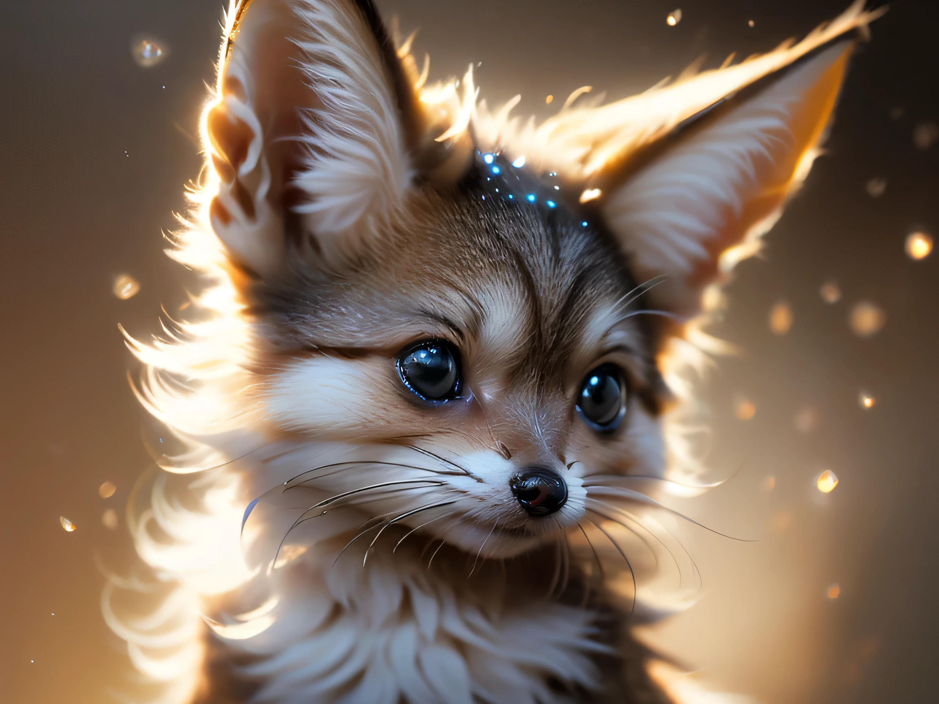 close-up photo super cute, big-eyed, with a soft, gentle nose, fluffy, smiling with two teeth, fennec fox on a natural background, realistic, beautiful, sparkles, stars in the eyes, soft volumetric light, (backlight:1.3), (cinematic:1.2), intricate details, (ArtStation:1.3), Rutkowski --auto --s2