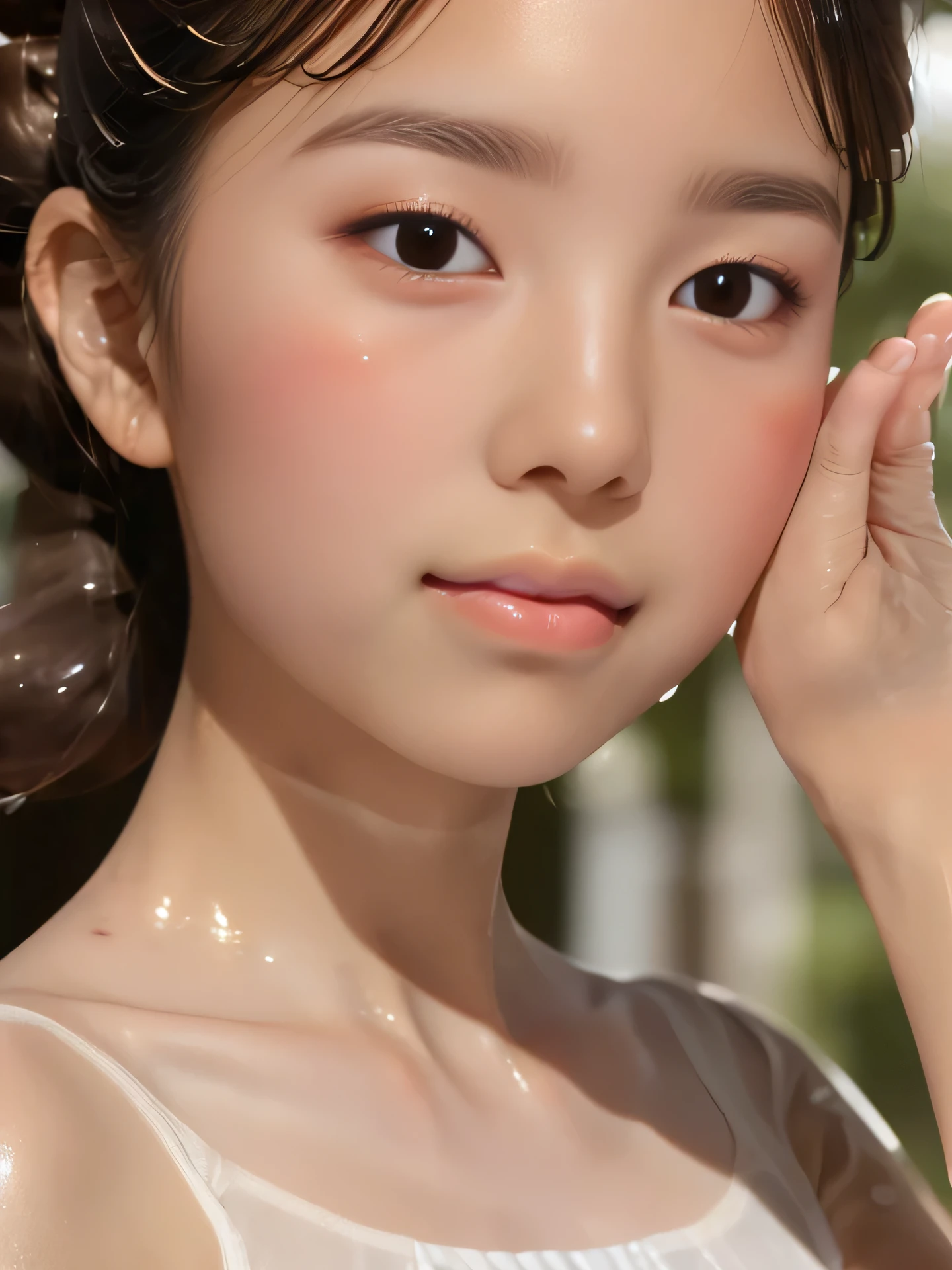 (((JPGND))), (1girl), Masterpiece, Best Quality, Ultra-realistic capture, Highly detailed, High resolution 16k, precise face, precise eyes, (((perfect limbs, perfect anatomy))), (( cute girl, natural white skin, glossy skin, (ballet tutu), Skin should look healthy, realistic skin texture, Skin texture must be natural, close-up of human skin. parted lips, Height is 145cm, round face:1.4)), (((ballet chignon, one bun hair))), ((dark brown eyes, thin lips, thin eyebrows, wet skin, moist and shiny skin)), shy smile,