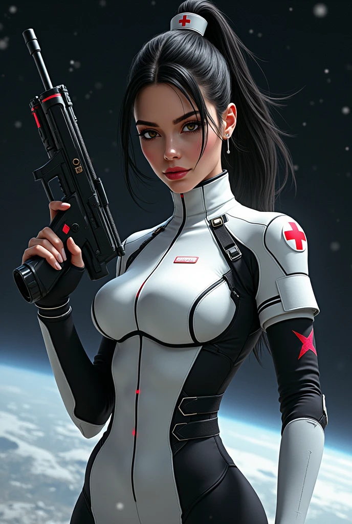 Denise Milani as a cyberpunk future warrior holding a massively oversized gatling gun. wearing a white swinsuit armored cyberpunk, Perfect body, against a geometric diamond shaped complex background, immaculate composition, brian viveros, katsuya terada, tim okamura, dynamic pose, dynamic light and shadow, bold high quality