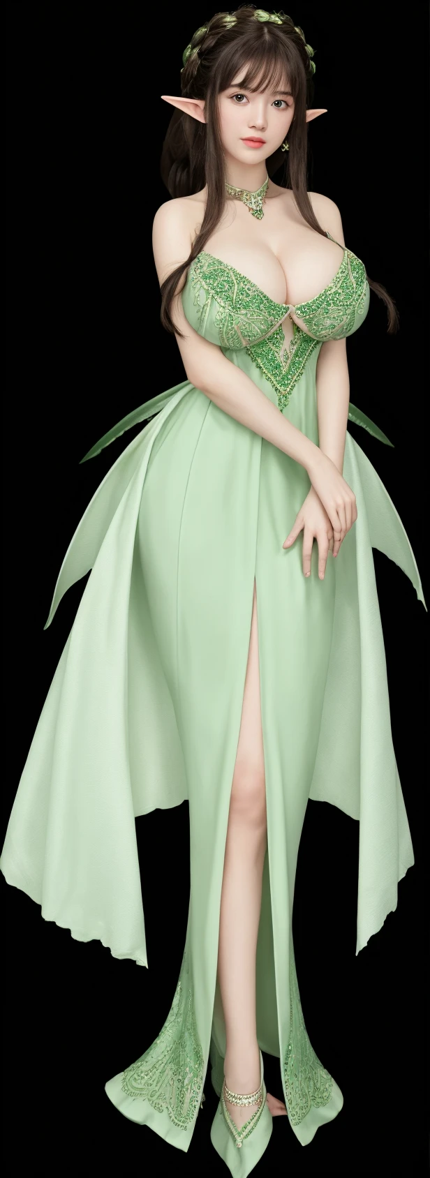 3dcg (0.8), eyes give a feeling of tranquility, human wife, black hair, light green transparent skirt, noble, underwear, big breasts, half nude, beautiful legs, high heels, close-up of breasts, high quality, detailed, ultra-clear