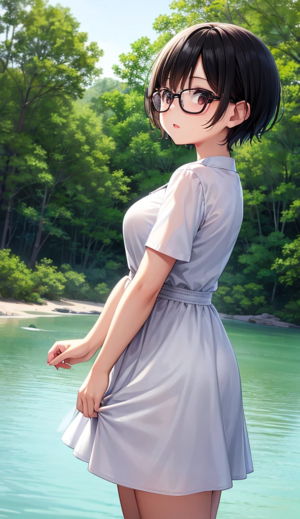 Chubby mature woman wearing glasses、Plain short black hair、Sun-tanned skin、Camping on the riverbank、A short white dress、Playing in the water and getting soaked、High resolution ,Highest quality、solo,Blushing in good spirits,