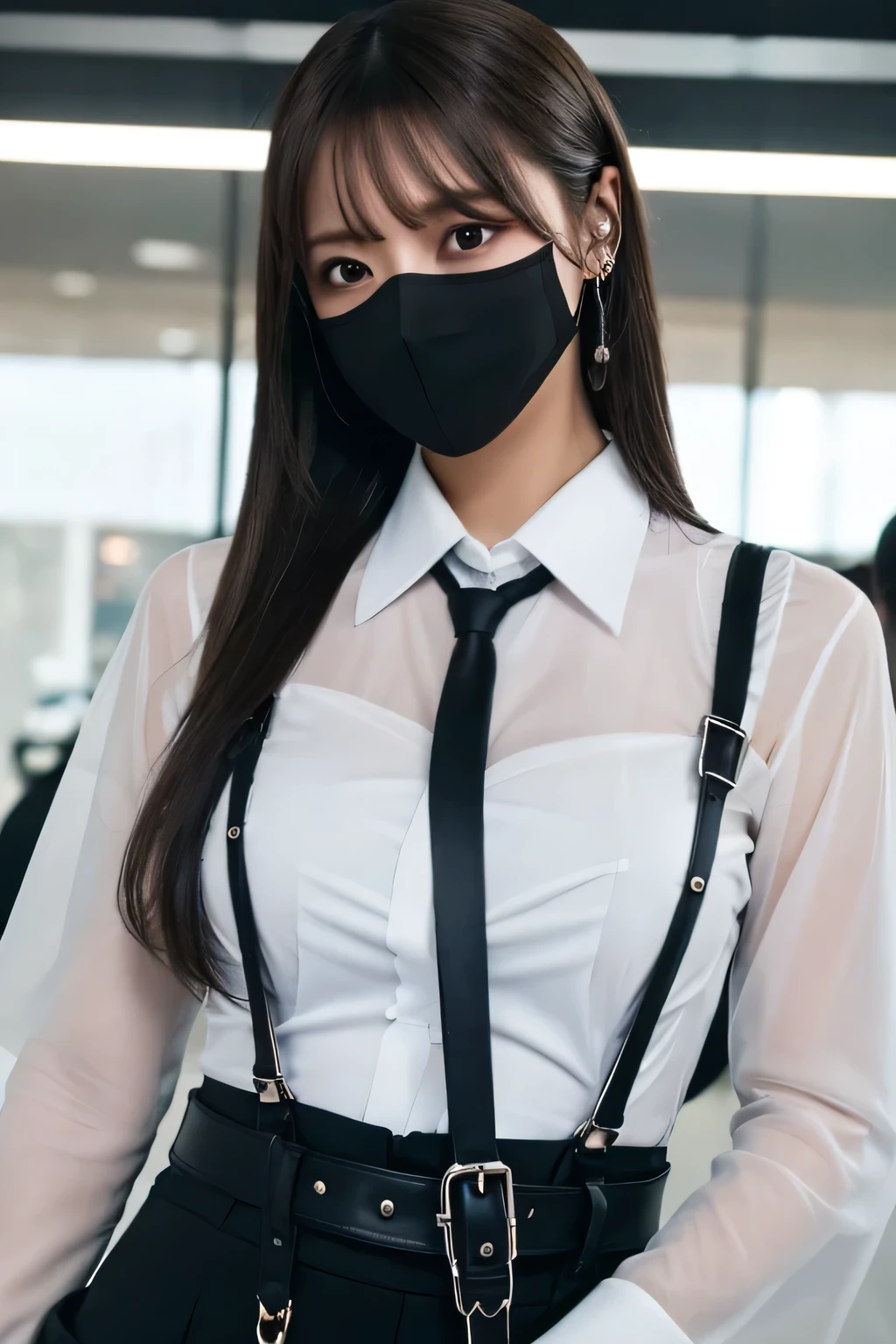 a woman in a suit, belt, hands behind back, sweating, suspenders, black pants, sexly, large breasts, see-through clothing, rain, detective, office worker, white button-up shirt, (best quality,4K,8k,highres,masterpiece:1.2),ultra-detailed,(realistic,photorealistic,photo-realistic:1.37),hyper-detailed,highly detailed face and body, Slender thin suspenders Moderate breasts See-through shirt Nipples holster chain Pistol Armament criminal Female criminal knife black mask