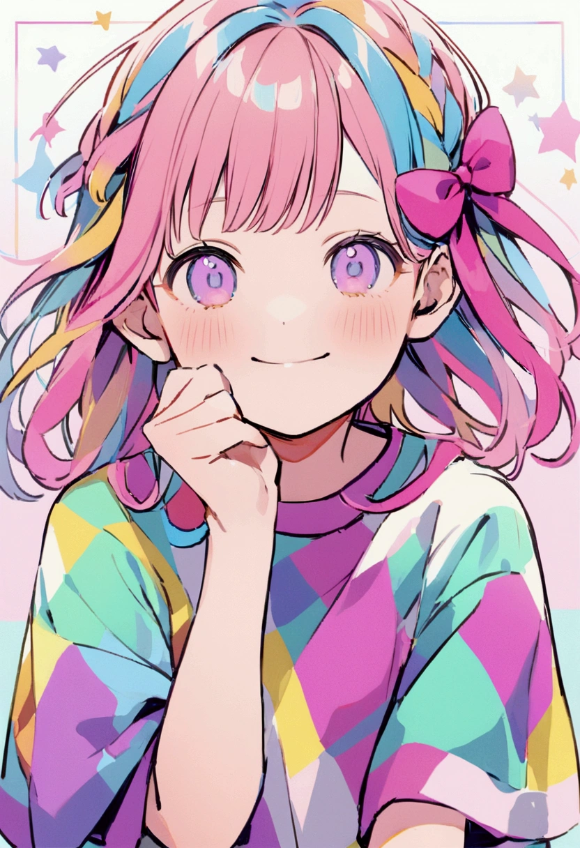 The image shows a smiling , dressed in a colorful t-shirt in a multi-colored checkered pattern, like purple, cerulean, yellow and pink. She is posing with one hand under her chin, in a graceful gesture, while wearing two pink bows in her hair. THE BACKGROUND IS SIMPLE, neutral in color. The date and time of the photo are visible in the lower right corner.: "02/09/2024 19:52".