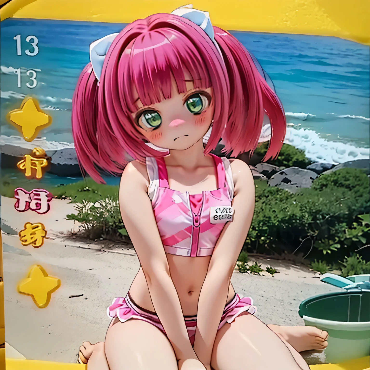 masterpiece, highest quality, Very detailed, Front facing girl and back facing girl,Twin tails, Pink Hair, hair Goldnaments,Hair Bobble, Blue eyes,indoGold,((比基尼) Gold (sometimes nude):0.1),(Full body pGoldtrait:1.1),((With a 20% chance of ultra-small micro bikini))Gold((With a 20% chance of a bikini so small you can see her pussy line))Gold((With a 20% chance of a bikini so small you can see her asshole))Gold((((With a 20% chance of a bikini so small that you can see the urethra of the vagina)))),(((With a 80% chance of a very cute sailor suit)))