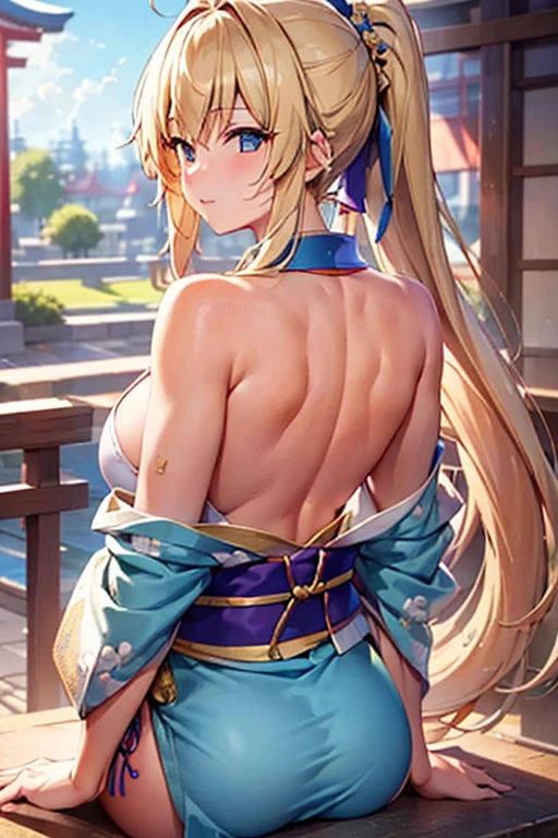 (Tabletop),(Highest quality), shrine_stone stage_torii、kimono_blue,band_yellow,((Turn your back,Rotated)),One mature woman,Long Hair_ponytail,Blonde,Blue eyes big ass，Abnormally large breasts，Textured skin、Highly detailed eyes and face、Beautiful and fine details、double eyelid、Large file size、High resolution、Highly detailed skin、Highest quality、8k wallpaper.