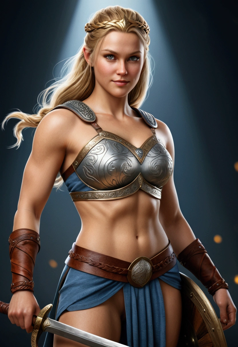Ax-Battler is just a 30-year-old man, an imposing and fearless Nordic warrior, with a tall stature, an athletic body with very robust and well-defined muscles. Her long, blonde hair falls over her shoulders, giving her a wild and untamed appearance. His blue eyes are piercing, shirtless, he wears blue swim trunks, blue boots, silver bracelets and a gold necklace. On his belt, he carries small talismans and amulets. His countenance is serious with arms crossed as if posing for a photo, Ultra Realistic Style