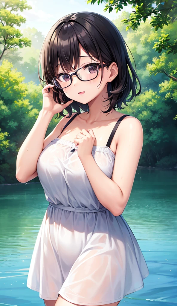 Chubby mature woman wearing glasses、Plain short black hair、Sun-tanned skin、Camping on the riverbank、A short white dress、Playing in the water and getting soaked、High resolution ,Highest quality、solo,Blushing in good spirits,