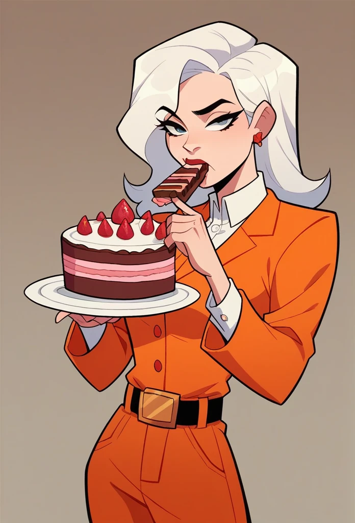 1woman**Drew Saturday** from **Secret Saturday Cartoon Serie**, white hair, pale skin, beautiful sexy body, tall, wearing a orange suit, belt, eating a cake