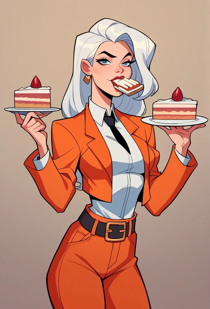 1woman**Drew Saturday** from **Secret Saturday Cartoon Serie**, white hair, pale skin, beautiful sexy body, tall, wearing a orange suit, belt, eating a cake