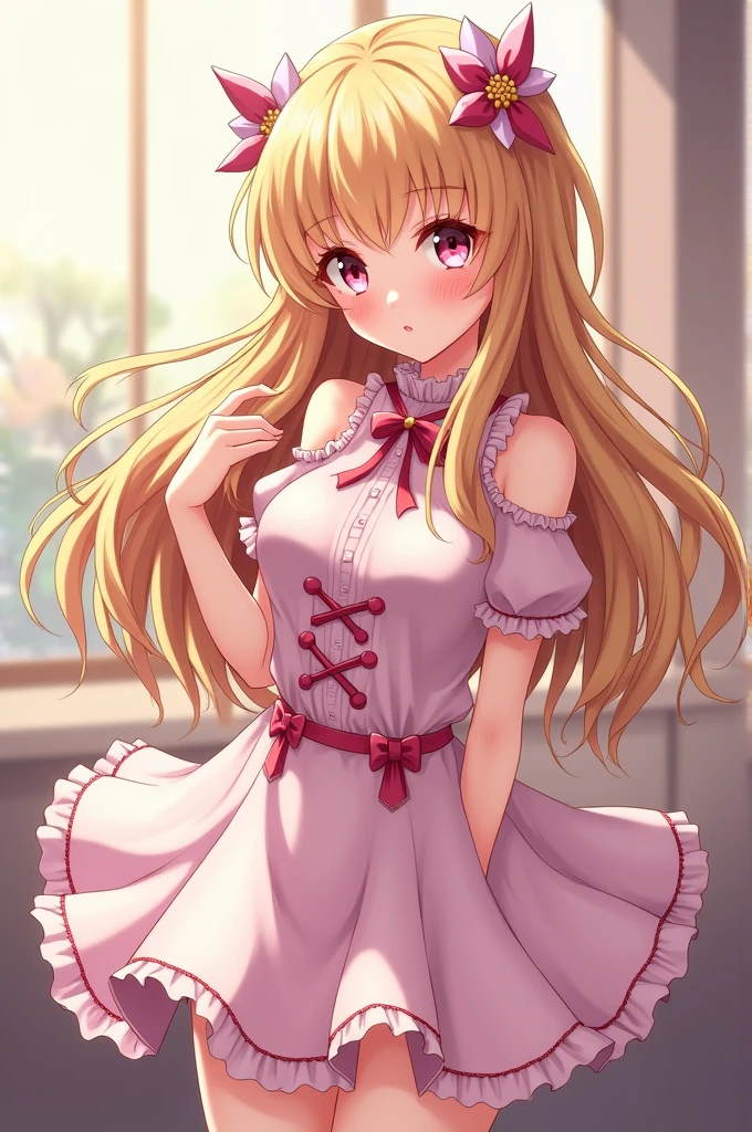((master part, best quality, 4K)), 1girl, cowboy shot, Breasts huge, pink eyes, long blondie hair, gyaru, Hands behind back, sleeved, pink mini skirt, chromic aberration, Detailed illustration, seductively pose, leaning forwards, drlight smile, cleaveage, top draw, pink bow tie, por dentro, pink flowers, thick lips, pink bedroom background, plant, window, light particles, (Face pretty), thick-thighs, Realistic, ((witheout panties)), exposed