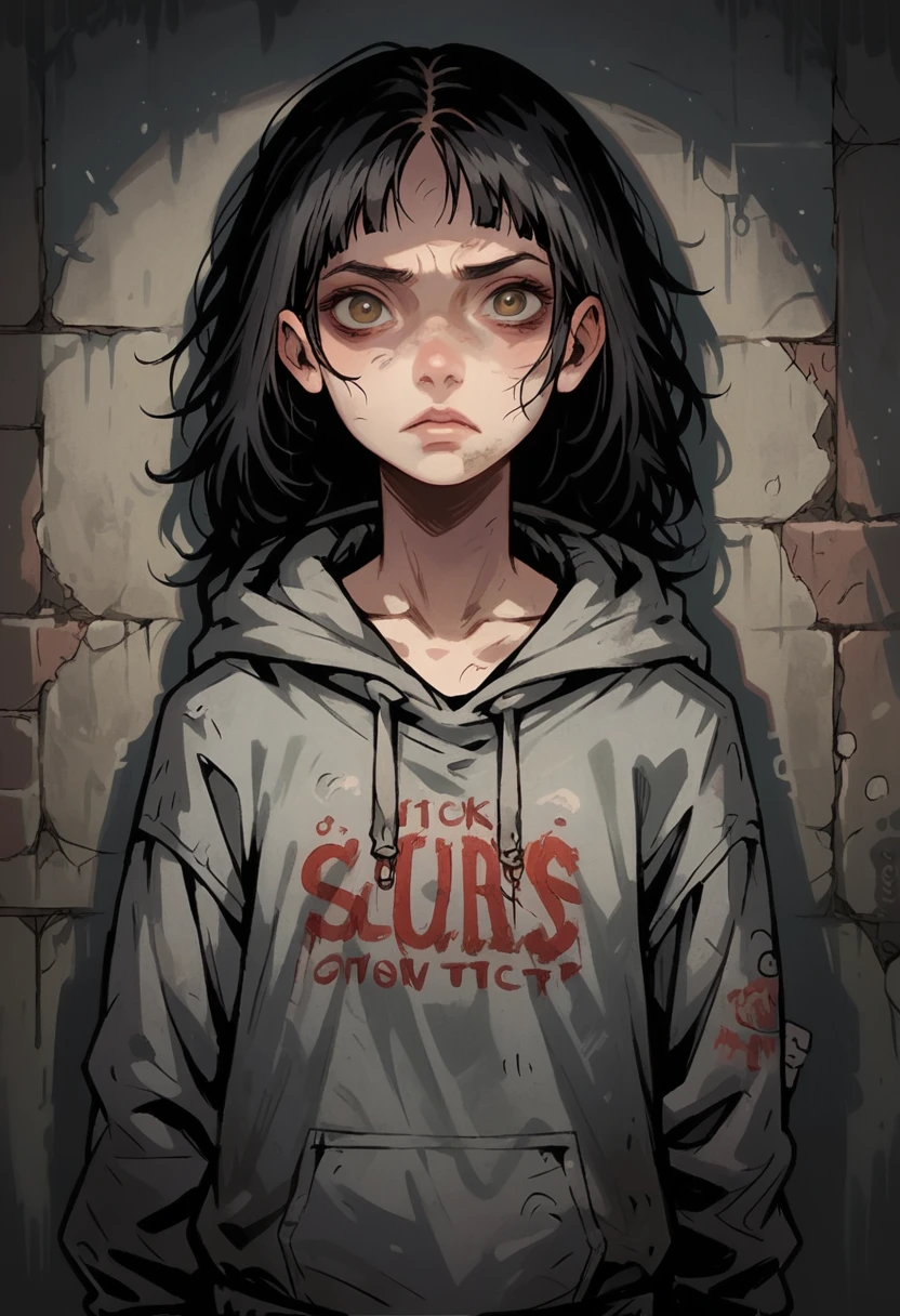 Medium close-up portrait of a pale, slender girl, long straight hair, black hair, detailed brown eyes. She has serious almost contemptuous face expression, looking directly at the viewer with finely detailed facial features. She is wearing a slightly torn but clean, oversized grey hoodie, and has a small chest. In the background, writings on a weathered, dusty wall, creating a moody, atmospheric scene. The overall visual style is dark, gritty, and detailed, inspired by Chris Bourassa, known for his dramatic lighting and expressive, somber character designs.
