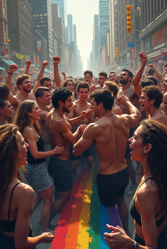 a group of muscular men, stocky, velludos, manly, hairy and attractive in underwear of different colors and barefoot, standing barefoot on a concert stage with lots of people watching them