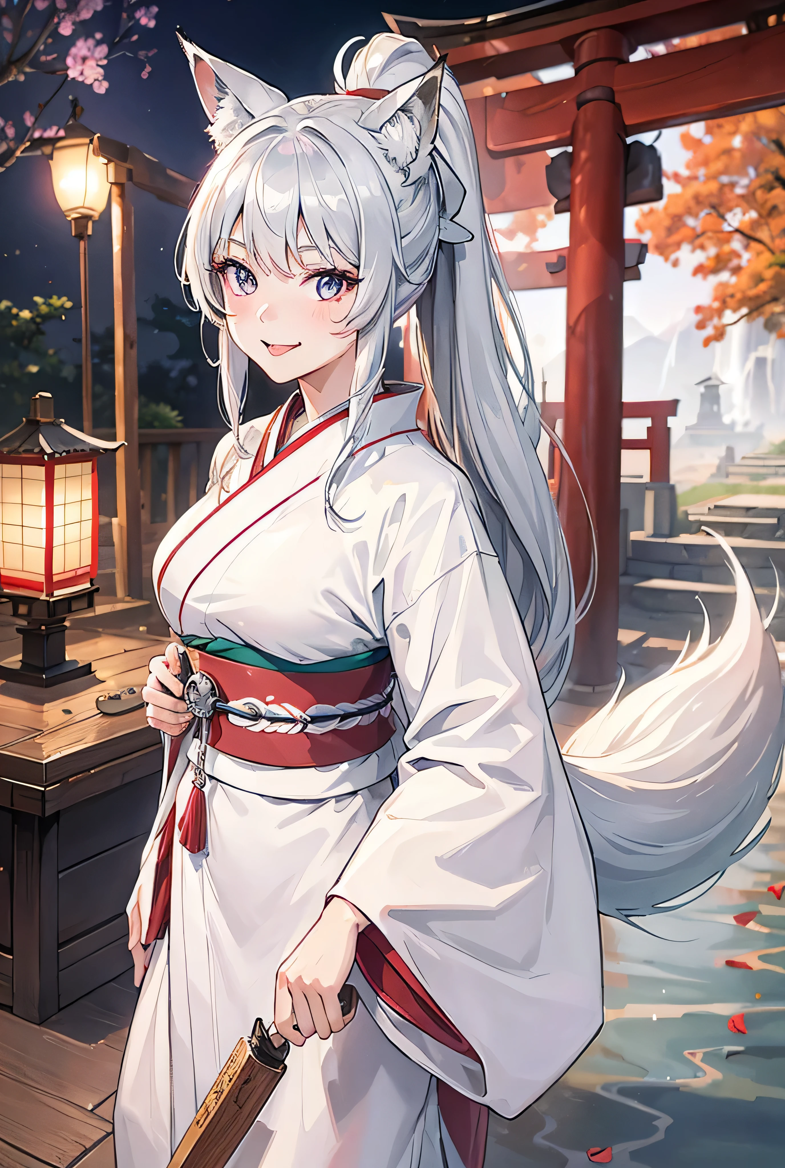 One Girl, Long Hair, Big smile, Silver Hair, Rainbow Eyes, White kimono,vision,shrine,Highest quality, High-resolution models, Looking down, Fox Ears,ponytail, Sticking out tongue, Fisheye Shot,