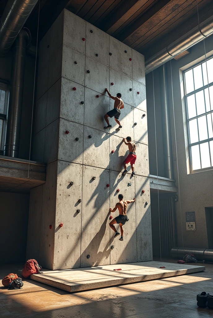 Two men are separately tight by one rope and they climb to block separate
