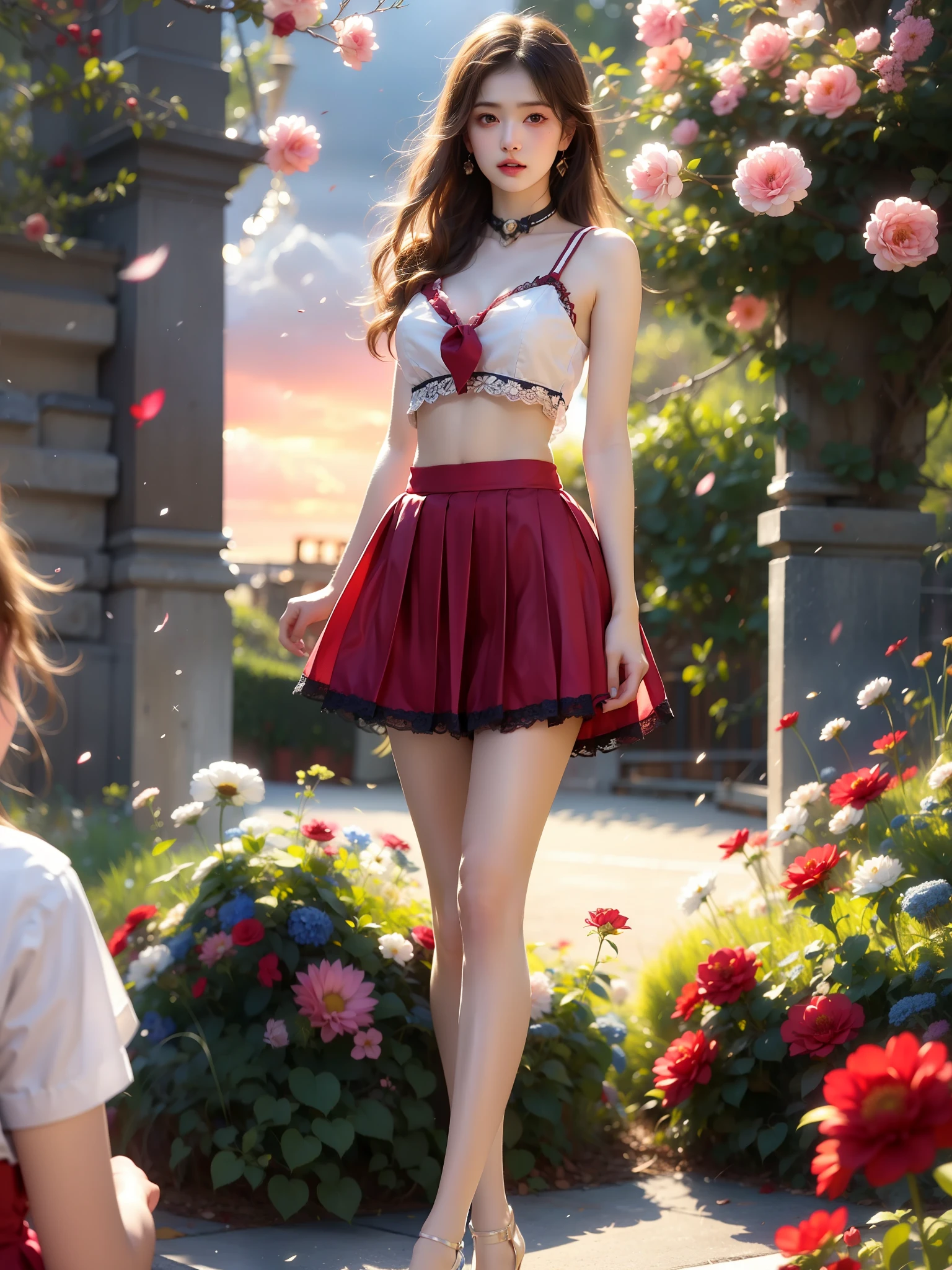 rebellion,red_skirt, school uniform, black_Good, underwear,lingerie,midriff,red_sailor_collar, (High quality details), 1girl, 独奏, Young women, Elegant posture, (Focus on natural body posture and correct anatomy:1.3), (Perfect leg proportions:1.3)，(True and accurate leg shape:1.2), ((Natural leg position)), The skirt is short, One hand strokes the hem of the skirt, Lift the hem of the skirt, Bare shoulders, Natural posture, Soft expression, Exquisite makeup, Soft blush, Bright eyes, Soft lips, Flower fairy style, ((Anatomically accurate)), (Real and natural legs), Smooth skin, Soft Lighting, high resolution, 8K Ultra HD, Sharp focus, Professional photography effects, Random elegant scenes, Multi-angle shooting