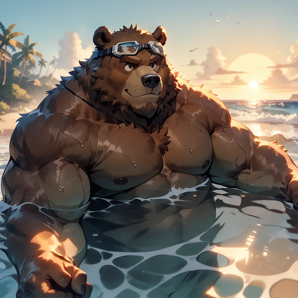 dynamic angle, dynamic pose, swimmer, plump middle-aged bear man, swimming, swim breefs, swimming goggles, brown eyes, beautiful beard, male face, big face, square jawline, male eyes, sharp eyes, big eyes, male eyebrows, innocent look, fluffy body, BREAK sunset beach, sea, outdoor, masterpiece, best quality, very aesthetic, absurdres,