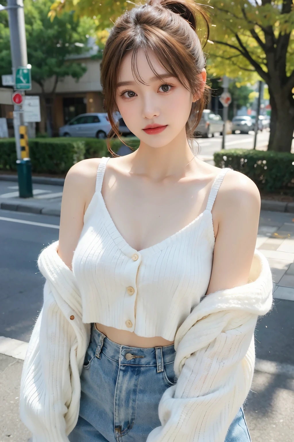 ((highest quality, 8K, masterpiece：1.3)), sharp focus：1.2, 20 year old female, (Half Japanese and half German woman), 1 person, Beautiful face with intelligence, A beautiful woman who emphasizes her supple body :1.3, 頭w:1.4, beautiful woman with perfect style：1.4, turn to the side：1.2, ((whole body, model body shape：1.2)), standing leaning against the wall, (white button shirt:1.1), white wall background:1.2, slim facial contour, The beauty of slim abs :1.2, thin waist, realistic skin texture, Fair skin, glowing skin, Fair skin, long and thin legs, super detailed face, fine eyes, double eyelid, beautiful thin eyebrows, fine long eyelashes, long slit eyes, charming brown eyes, Plump and glossy pink lips, My cheeks turned red, natural smile, beautiful teeth, beautiful small face, beautiful actress&#39; perfect makeup, necklace, earrings, light brown delicate soft hair, (feminine medium short, ponytail :1.2), layer cut, (dull bangs:1.2), stare at the viewer with a greedy expression, dynamic lighting, 

She is wearing a green knitted sweater made of satin fabric, 
The knit sweater is open at the shoulders and chest.、The front button is undone。., 
well-shaped small breasts, You can see her cute little pink areolas, 
The bulge in your chest is beautiful, chest is visible, 
stylish cityscape, You can see the beautiful sea in the distance, blur the background, 
(standing in a beautiful posture, legs open :1.5), raise your hands above your face,  