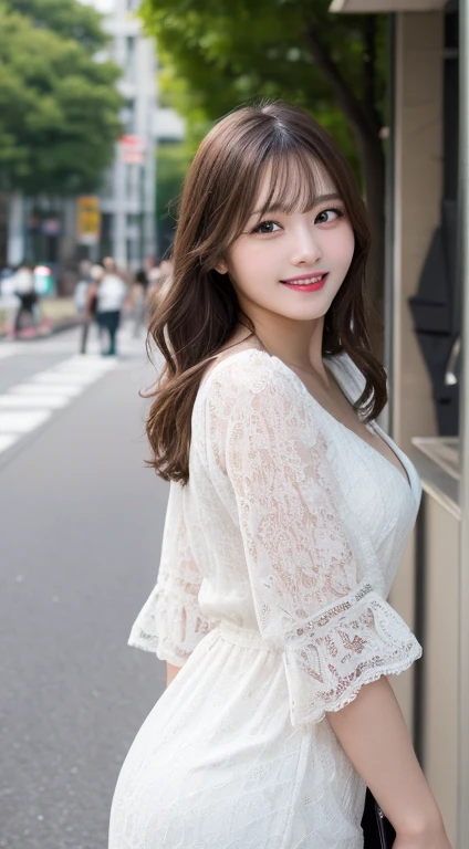 Ultra High Definition, Superior Quality, Premier Quality, ultra detailed, Photorealistic, 8k, RAW Photos, highest quality, masterpiece, Attractive girl, Stunning girl, Brown Hair, Shoulder Length Layered, asymmetrical bangs, Japanese Idol, Sophisticated, Stylish, embarrassed, blouse, shibuya, 、smile