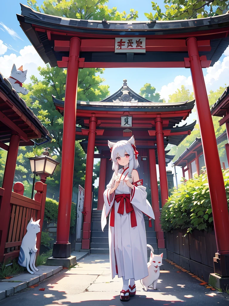 Shrine maiden and white beckoning cat。A mysterious background