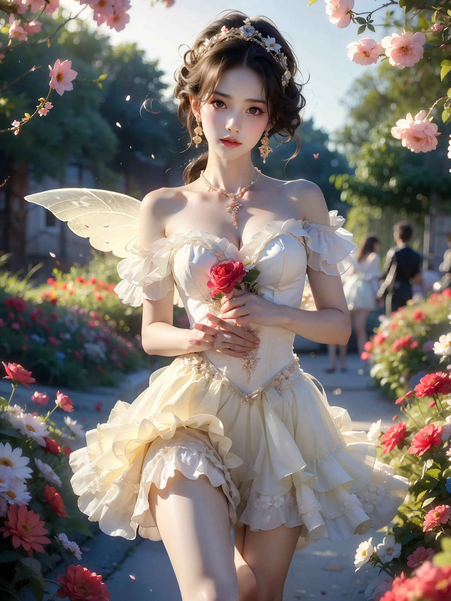 ta1,dress,flower (High quality details), 1girl, 独奏, Young women, Elegant posture, (Focus on natural body posture and correct anatomy:1.3), (Perfect leg proportions:1.3),(True and accurate leg shape:1.2), ((Natural leg position)), The skirt is short, One hand strokes the hem of the skirt, Lift the hem of the skirt, Bare shoulders, Natural posture, Soft expression, Exquisite makeup, Soft blush, Bright eyes, Soft lips, Flower fairy style, ((Anatomically accurate)), (Real and natural legs), Smooth skin, Soft Lighting, high resolution, 8K Ultra HD, Sharp focus, Professional photography effects, Random elegant scenes, Multi-angle shooting