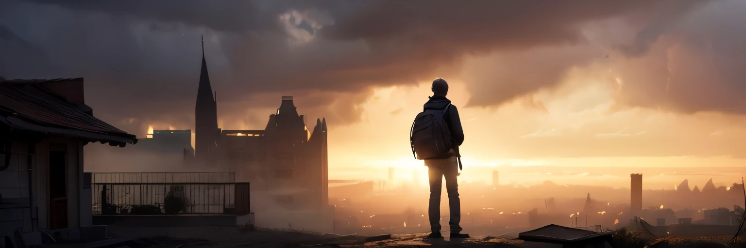 The image is meant to convey the atmosphere of a foggy city in the morning. In the center of the composition is a boy named Petya, who is standing on the threshold of his house. He has blond hair and is dressed in a warm jacket and jeans. On his back is a school backpack, half open. A flashlight, a map and a notebook are visible from it. Petya is holding sandwiches and apples in his hands.

In the background is a city shrouded in thick fog, which gently embraces the buildings. The sun's rays break through the fog, creating a romantic lighting. In the background, you can see an old house on the outskirts of the city, which is the goal of his adventure. The atmosphere is light and mysterious, with notes of anticipation and adventure.