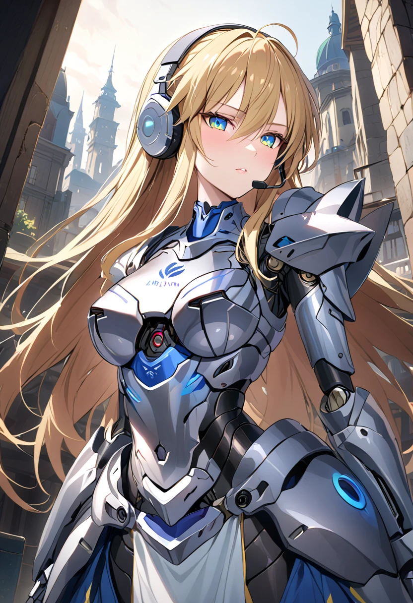 Artoria Pendragon、Androidization、Shiny silver armor exterior、Luminous skin、Mechanical joints、Machine Eyes、headset、Anatomically correct machine