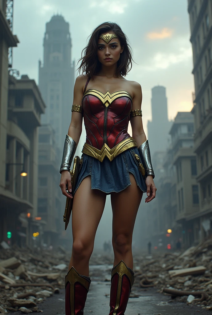 A beautiful, completely bald woman wearing the costume of the Amazon warrior Wonder Woman (((Red and blue leather jumpsuit)))Silver colored diaema with a star on her forehead silver colored bracelets red leather boots long to her knees flying over an apocalyptic city skyscrapers on fire
