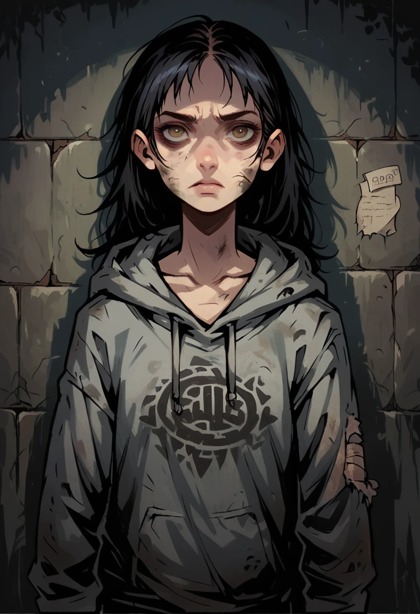 Medium close-up portrait of a pale, slender girl, long straight hair, black hair, contrast brown eyes. She has serious almost contemptuous face expression, looking directly at the viewer with hands on her chest and has finely detailed facial features. She is wearing a slightly torn but clean, oversized grey hoodie, and has a small chest. In the background, writings on a weathered, dusty wall, creating a moody, atmospheric scene. The overall visual style is dark, gritty, and detailed, inspired by Chris Bourassa, known for his dramatic lighting and expressive, somber character designs.
