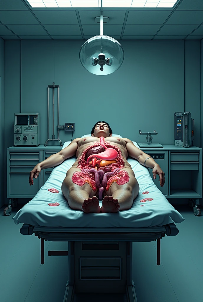 A meticulously crafted, ultra-realistic depiction of a Korean female with an athletic physique, lying prone on an autopsy table in a stark, well-lit medical examination room. Her skin is flawlessly rendered, with a slight sheen that suggests a recent embalming process. Her jet-black hair is tied back in a neat bun, allowing an unobstructed view of her serene face, which is the only part of her body not exposed. The muscular contours of her body are accentuated by the strategic placement of her arms and legs, which are slightly apart to reveal the full extent of her toned torso. Her breasts are firm and pert, with small, rosy areolae and erect nipples that stand out against the paleness of her skin. Her abdomen is flat and defined, with a faint trace of a belly button piercing. The V-line of her pelvis slopes down to muscular hips that lead to long, shapely legs, and her feet are positioned in a way that showcases the intricate tapestry of tendons and muscles. Each strand of pubic hair is meticulously detailed, framing her sex with a natural elegance. The room around her is sterile and clinical, with stainless steel surfaces reflecting the harsh light, and various anatomical instruments laid out neatly on a nearby tray. The atmosphere is one of detached professionalism, the only signs of life being the vivid redness of her freshly exposed internal organs, which are displayed with anatomical accuracy and precision. Her eyes are closed, giving her an air of peacefulness amidst the cold, scientific environment.