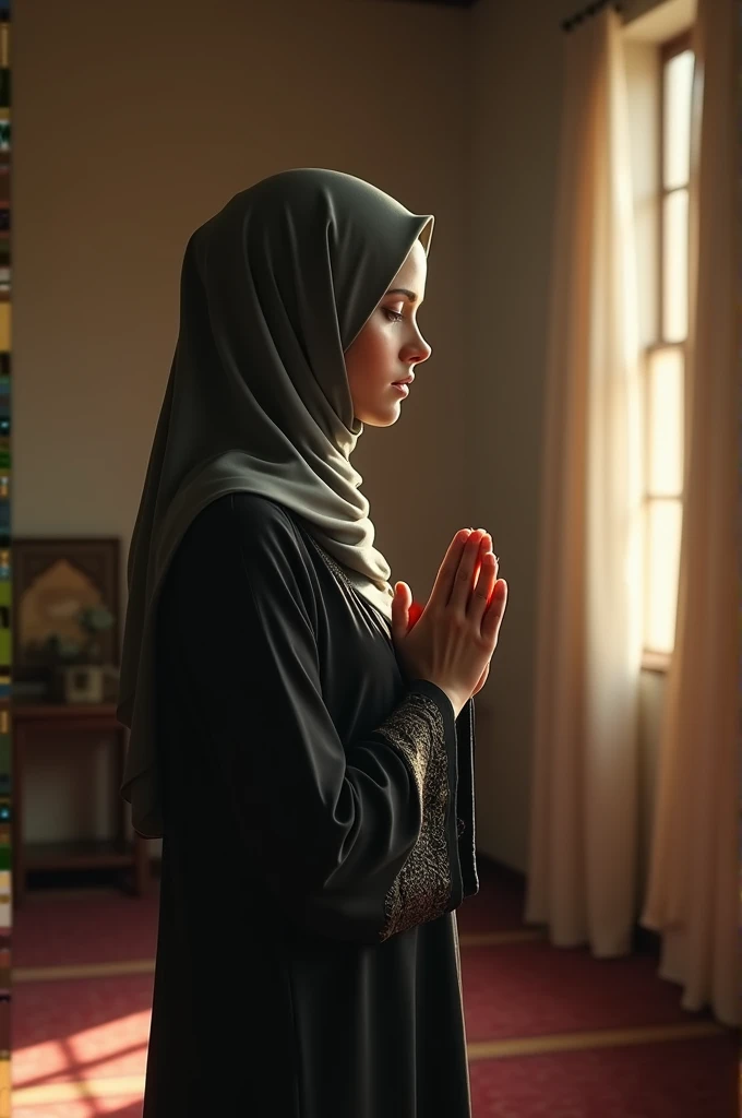 Muslim woman wearing hijab praying in her dark room