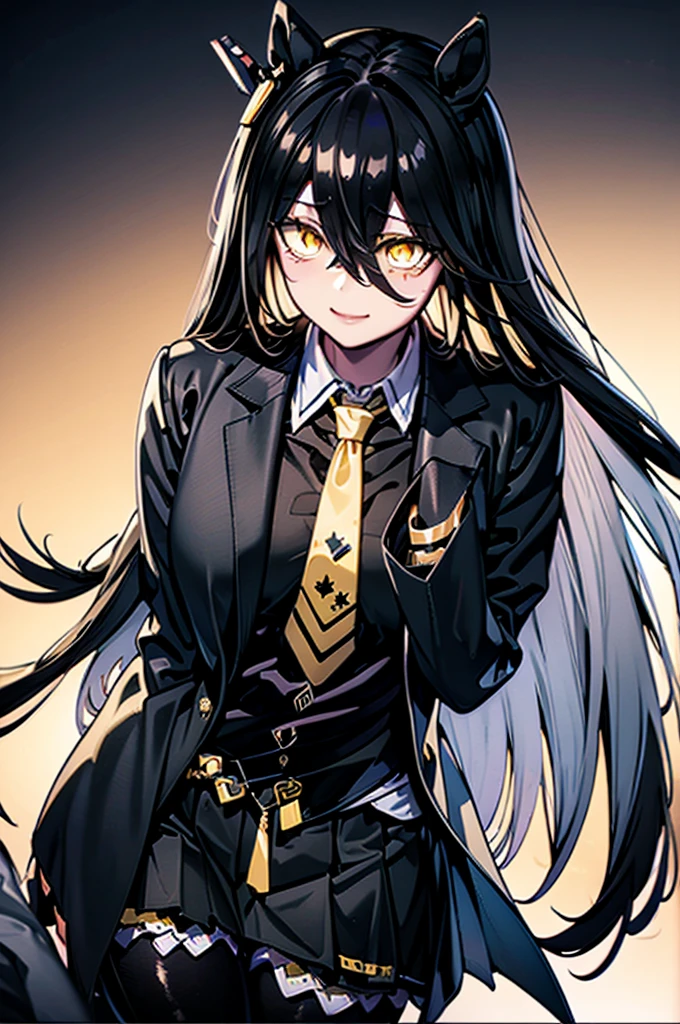 masterpiece, Highest quality:1.2), Manhattan Cafe(umamusume), One Woman, Mature Woman, alone,Glowing Skin、Yellow Eyes、Long black bangs between the eyes, Thick legs、Are standing、Cowboy Shot、smile、Black Skirt,Black Business Shirt、Yellow tie,Black jacket,pantyhose