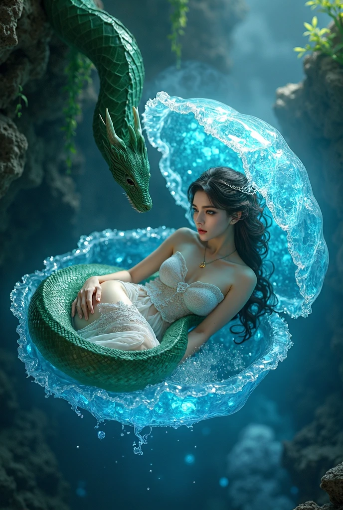 a beautiful woman with long, straight, jet-black hair, intense blue eyes, within a sea where white rose petals rain down, she is with a white cobra, which wraps around her neck, a diamond crown on her head, with mist and white glow, the water reaches her waist. profile picture. animated digital art