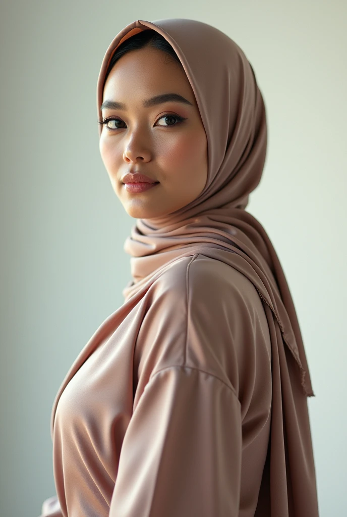 Half body portrait .Hijab girl in studio . Two light photography. Shoot by canon r1. Two soft light come from godox v1.. blue background. pink lips. flat nose. Broad forehead . Wear a scarf. Clean eyes. 40 years old. A Johor woman from a Malaysian village. Indonesian kacuk