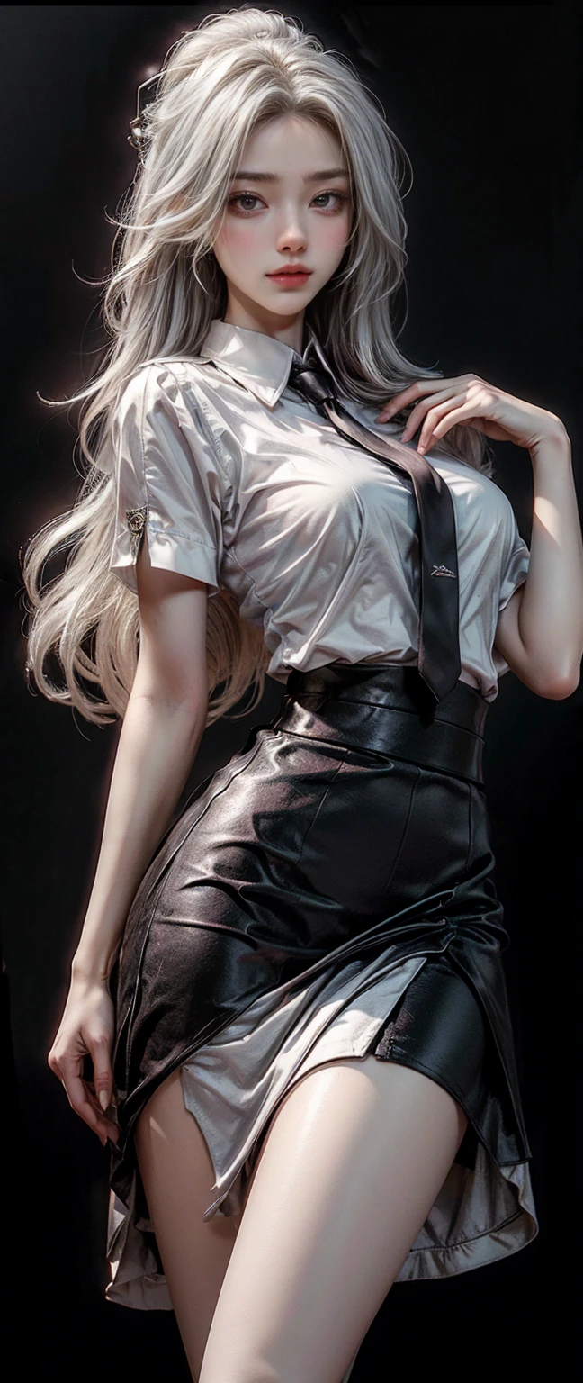 top-quality、Photographic works,Photorealistic,Ultra-high resolution large files,8k HD CG wallpaper,Ultra-high pixel,art germ, Cinematic lighting,,Fine and delicate CG wallpaper,Clear and authentic details,Top women's art photography,High-level clarity of technical details:1.1,Clear skin texture and moist skin feel:1.1,solo,dynamicposes,Suit women,A tall, sexy and beautiful girl,Royal sister style,Top sexy girls,Long white-blond hair,White blonde hair,Clear, careful and realistic hair texture and strands:1.1,Delicate eyelash makeup,Fine, realistic eyes,Nice eyes,Aqua-blue pupils,tthin eyebrows,Super detailed eye works,Fine and careful facial makeup,Sexy red lips,The face of the royal sister,Detailed close-up of the face,Pretty face,Hydrated skin feeling,A perfectly proportioned face(Advanced face detailing:1.1)perfect body figure,Supermodel body shape,Perfect for sexy carcasses,Bigboobs(Perfect chest shape)Small man's waist(Skinny and beautiful thin waist)Cocked buttocks(Upturned and tight buttocks)Long legs(Perfectly proportioned leg shape)Female secretary,Girl in secretarial outfit,white button-down blouse,shinning clothes,Black hip-wrapped A-line leather skirt,Black leather tight skirt、stocklings,high-heels,Female secretary,jewelry,耳Nipple Ring,choker necklace,Bracelet,obi strip,Sexy female secretary works,Women's artwork,Real Photographics,Korean Idol,full-body view,Whole body diagram,Fantasy artwork,Fine top work,Advanced detail work