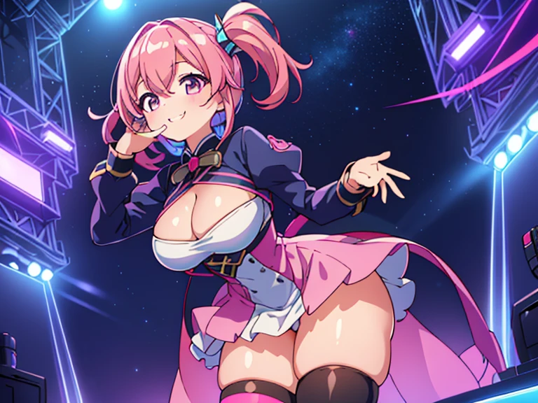 ((1girl),(ite)), ((wide shot:1.3),(from below)), (8k,16K,masterpiece,best quality,high-resolution,detailed fingers,detailed hands,detailed eyes,detailed legs:1.5), ((seductive smile, (blush)), (Multiple color hair,blue and pink hair),(headset, (idol), Seven-colored vinyl costume, Holographic color outfit,(thighhigh)), ((huge breasts),(beautiful breasts,curvy)), ((Late Night),stage,Seven-color spotlight,Starry Sky)