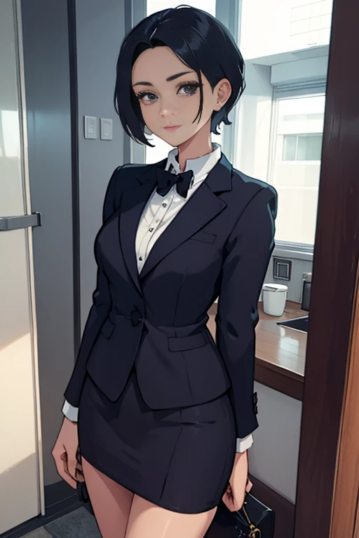 A career woman, 3, wearing a suit,Hairstyle: Short Hair Permanent,M-shaped splits,