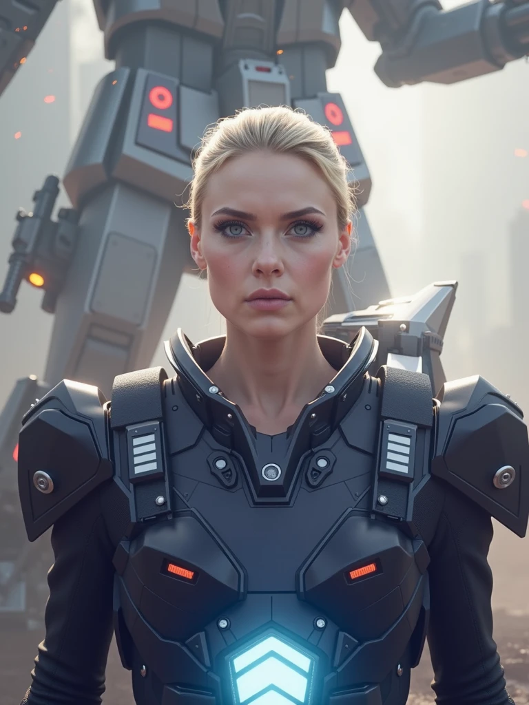 (best quality, masterpiece,Vector Art) 1girl, solo, short hair, blonde hair, hair ornament, blue eyes, hairband, hairclip, armor, mandalorian armor (high contrast, official art, extreme detailed, highest detailed)