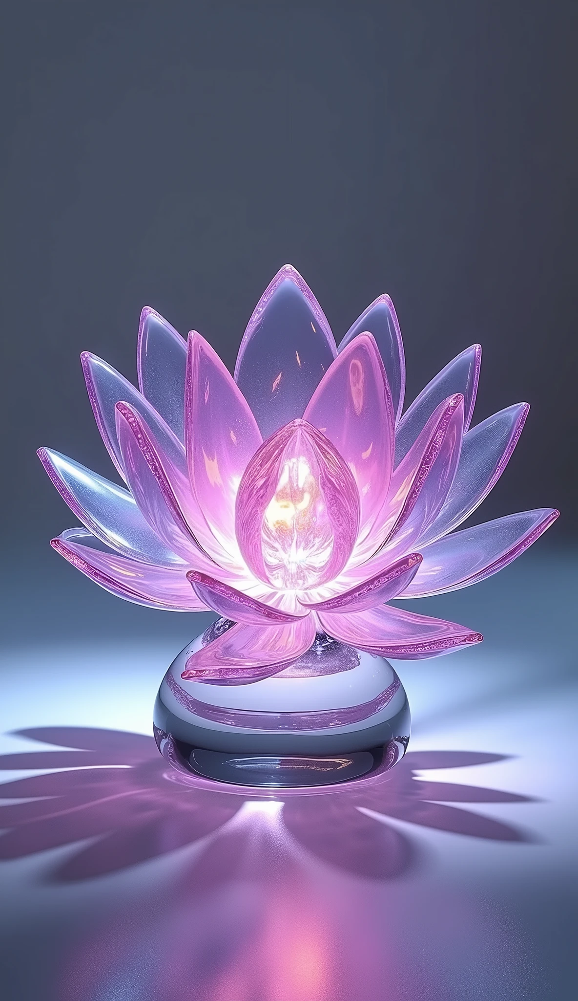 Lotus flower、Glass Art、Glass lotus flower、Transparent and beautiful work,A deep purple and pale pink gradation、Light reflects off the glass