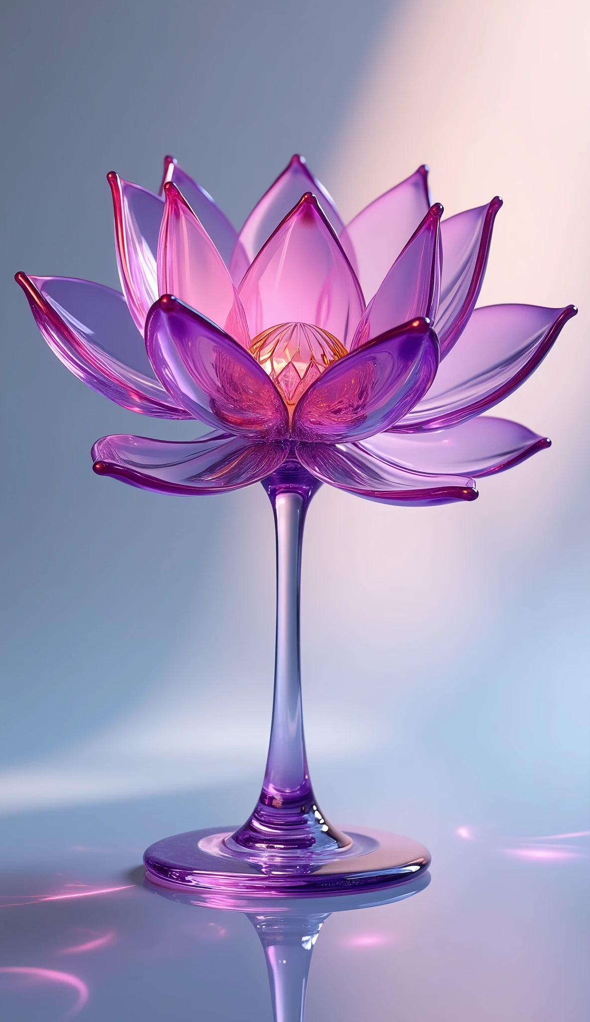 Lotus flower、Glass Art、Glass lotus flower、Transparent and beautiful work,A deep purple and pale pink gradation、Light reflects off the glass