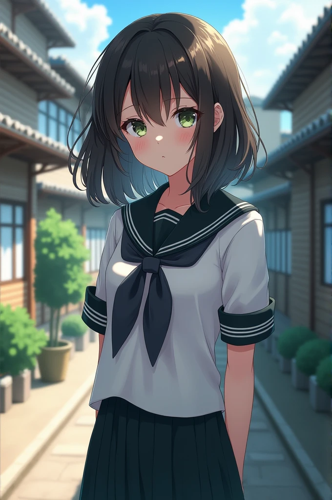 A young girl with medium-short hair with a butterfly cut and purple eyes with a little bit of green, and Kawaii Japanese uniform while having hunter eyes and walking in school looking around