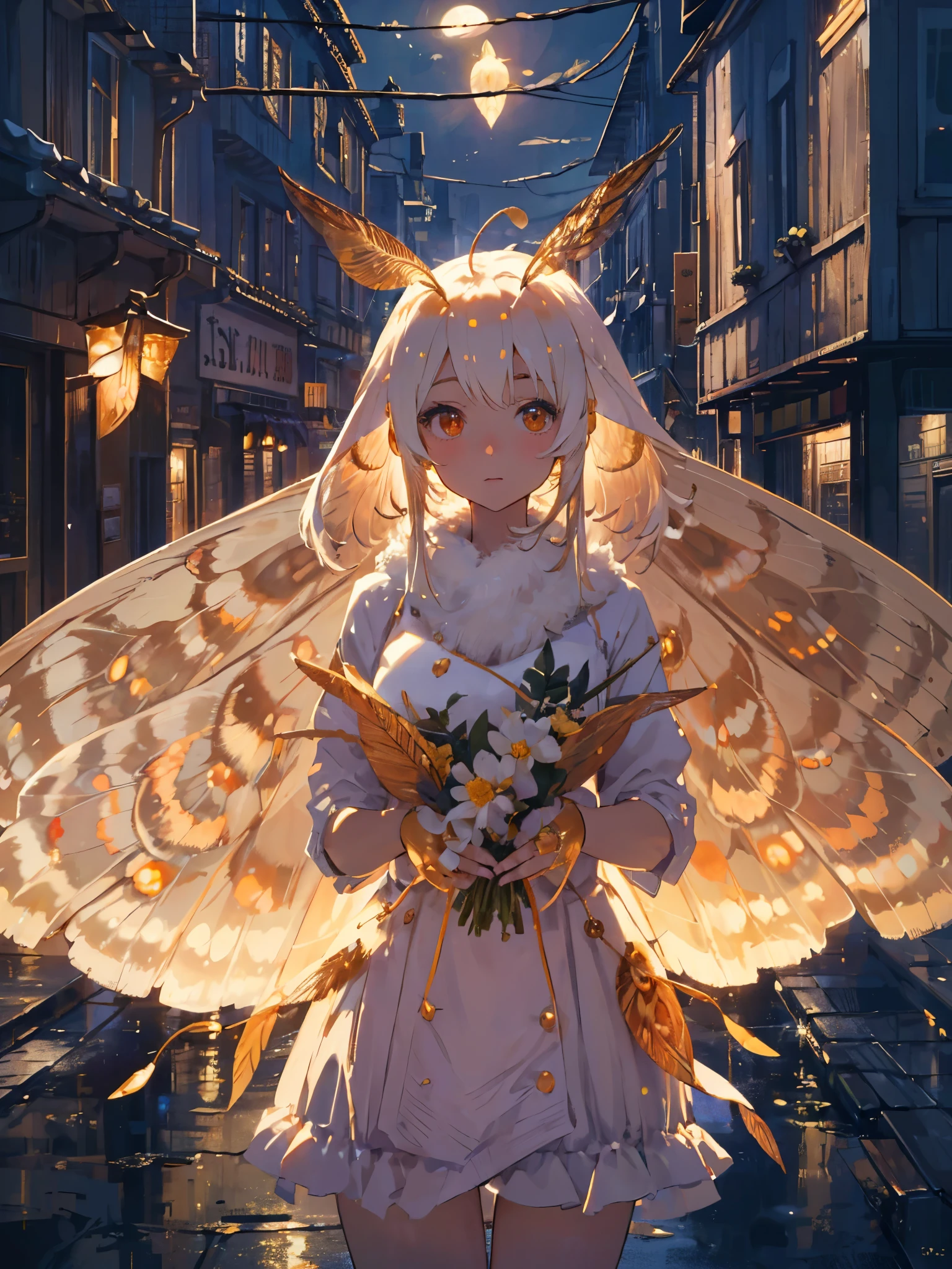 solo,1female\(cute,kawaii,age of 12,skin color white,short white hair,(big moth wing hair:1.7),white dress\(beautiful race\),(2moth antennaes at hair:1.8),[moth wing on back:2.0],[moth wing on body:2.0],[moth wings:2.0],[extra arm],moth wing is only at hair,breast,dynamic pose\),background\(dark night,beautiful moon,beautiful stars,((beautiful street lights))\), BREAK ,quality\(8k,wallpaper of extremely detailed CG unit, ​masterpiece,hight resolution,top-quality,top-quality real texture skin,hyper realisitic,increase the resolution,RAW photos,best qualtiy,highly detailed,the wallpaper,cinematic lighting,ray trace,golden ratio,\),dynamic angle