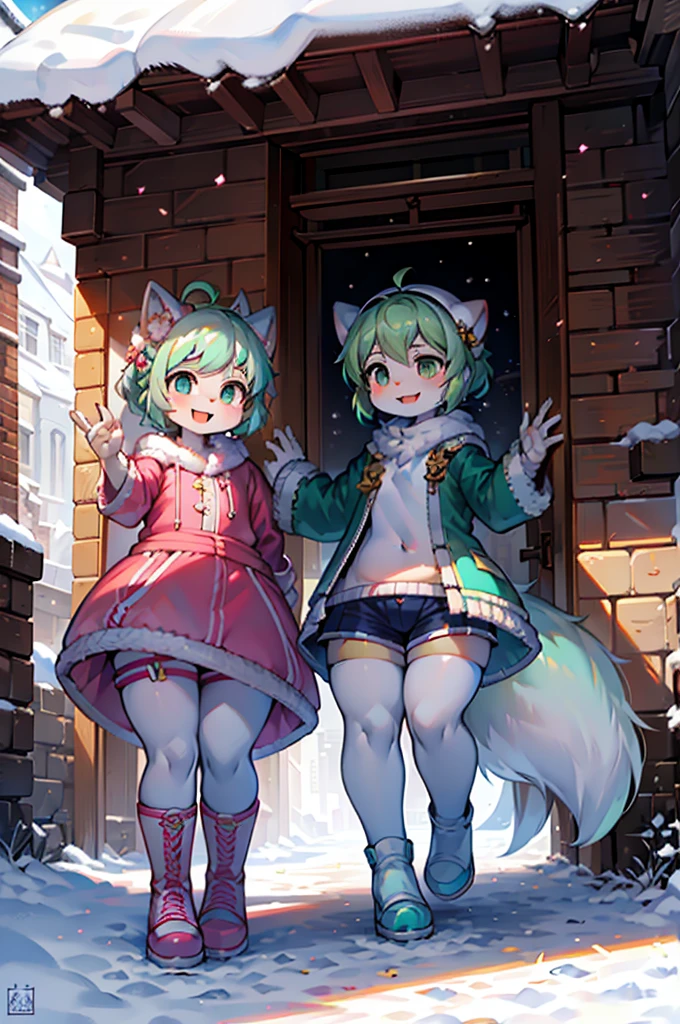 smile, Short light green hair with a hair accessory, and winter clothes with a light green striped jacket, Golden zipper, Blue shorts with white ruffle trim, Dark green leggings, Pink boots with white fur trim, Fluffy white earmuffs, Playful pose with one arm outstretched, looking at the camera, Bright Eyes, Rosy Cheeks, Smooth Skin, Simple white background, Bright colors, Vibrant and clean illustrations, Dynamic front view, Well-balanced exposure, Digital Art.A row of brick buildings,Snow is falling.Small.Young,Laughing with your mouth open、twins、Two Girls