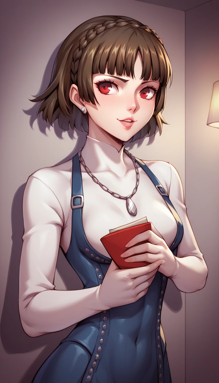 ,((masterpiece)),((Beautiful and detailed drawing)),Persona 5,Makoto Niijima,Short brown hair,Red Eye,front,bedroom,