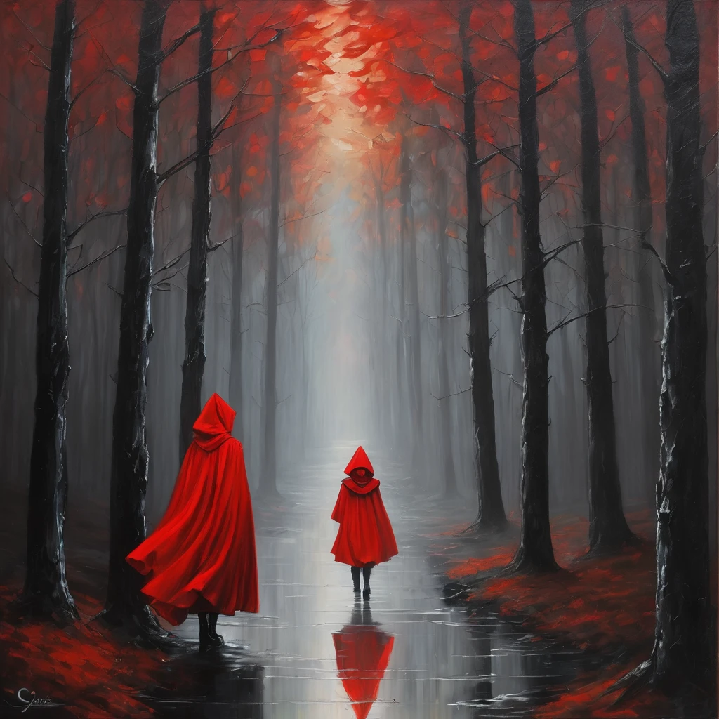 WORK OF ART OF THE HIGHEST LEVEL, oil painting, grimdark, IN THE FOREGROUND IS LITTLE RED RIDING HOOD, SHE WEARS A HOOD, CAN&#39;T SEE HER FACE, SHE HOLDS A BASKET, BEHIND HER IS THE BIG BAD WOLF, GIANT AND FURIOUS WOLF, HE HAS SHARP TEETH, saliva in the mouth, Eyes red, THEY ARE IN A DARK FOREST WITH DRY TREES