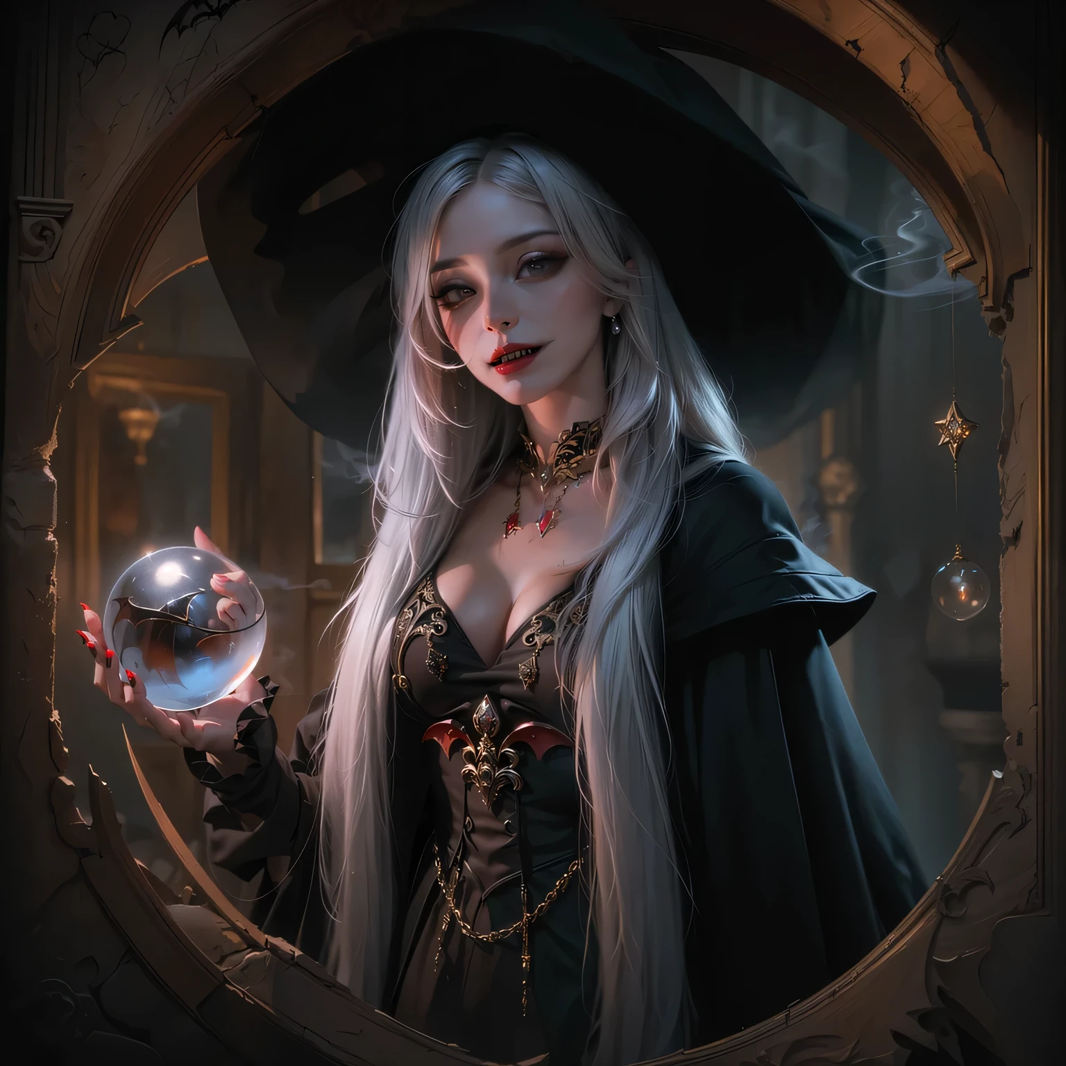 Mysterious astrologer girl,Emerald eyes,Sharp eyes,Pale skin,Long white hair fluttering in the wind,Shiny glasses lenses, She held a glowing sphere in her hand,The strange tattoo on her arm,Crystal Ball,Skull and five-pointed star decoration,Tarot,Mysterious symbols,Dramatic Lighting,Gothic,Black lace dress,Gorgeous jewelry,Feather hair accessories, Dark and scary atmosphere,