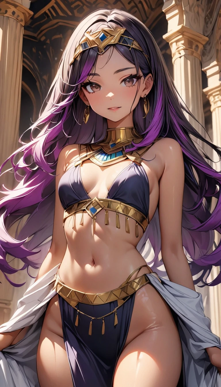 (highest quality:1.2, Very detailed, up to date, Vibrant, Ultra-high resolution, High Contrast, masterpiece:1.2, highest quality, Best aesthetics), Portraiture、girl、((25-years-old:1)), Bright colors、Beautiful fine details、Beautiful lip detail、(Egyptian Goddess Outfit:1), long hair、black and purple ((streaked hair:1.6)), highlights hair: 1.5, brown eyes, gold earrings, ((slim body:1.4)), (small breast:0.7), (dark skin:0.5), in Moroccan palaces, Cowboy shot,