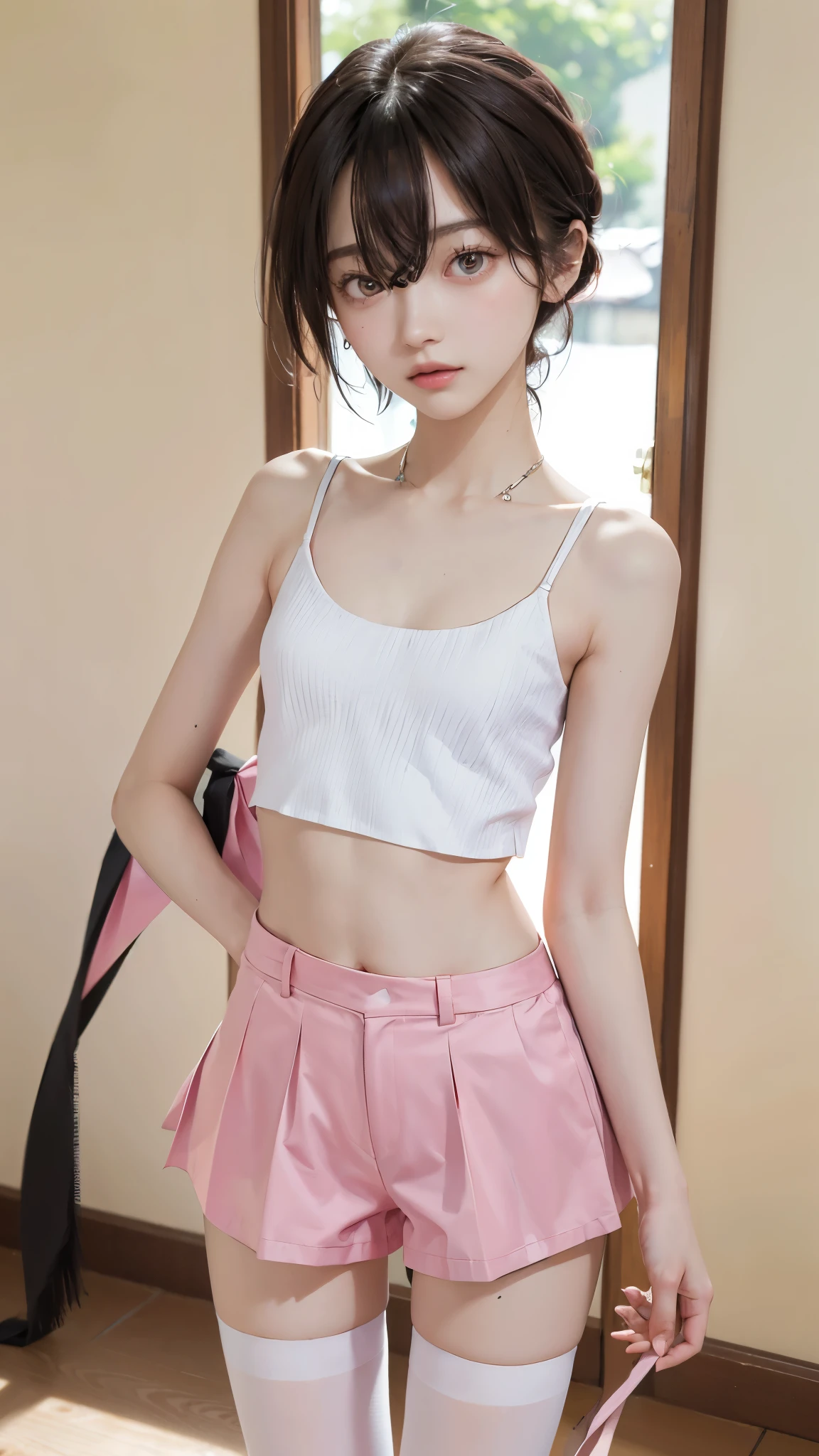 pink panties, Japanese, high school girls, (((flat chest))), (flat chest:1.1), Perfect Face, two girls, Beautiful big eyes, twins, Masterpiece, Best quality, offcial art, Extremely detailed Cg Unity 8K wallpaper, 2 girls, cute female, hair adornments, Short shorts, Crop top, Pantyhose, ribbon_choker necklace, leg belt, masterpiece, (((flat chest))), (flat chest:1.1), best quality, A-cup, Small breasts, detailed face, Thin legs, long legs, too long legs, Beautiful face, lovely, Cute twin girls, Long thin legs, thin thighs, High-resolution model, High detail, high quality, Very detailed, Ultra high definition, Textured skin, Anatomically correct, Anatomically correct, Ultra high definition, Very detailed, Textured skin,