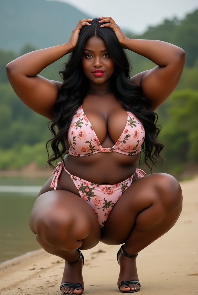 Solo, Black girl, black skin, , flat torso, chubby hips, chubby stomach, chubby, nude body , in school pool, curvy orange hair, wet body, cameltoe, lies on back, spread legs, pussy juice, sexy
